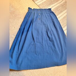 Small Cotton Muted Blue Skirt Womens Elastic Waist Pockets Midi